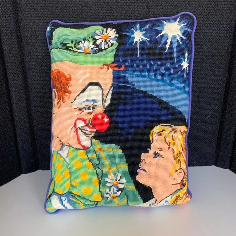 Vintage Needlepoint  Pillow. 17x12  Child With Red Nosed Clown At Circus  Absolu